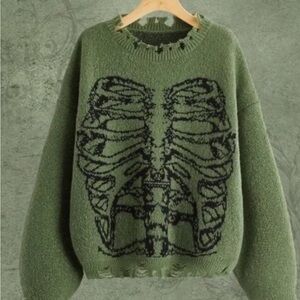 Edgy Olive Ribcage Sweater skeleton distressed sweater